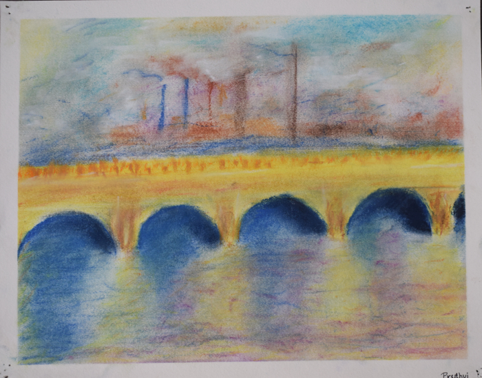 A pastel artwork by a student portraying a bridge, sea and ships in the background